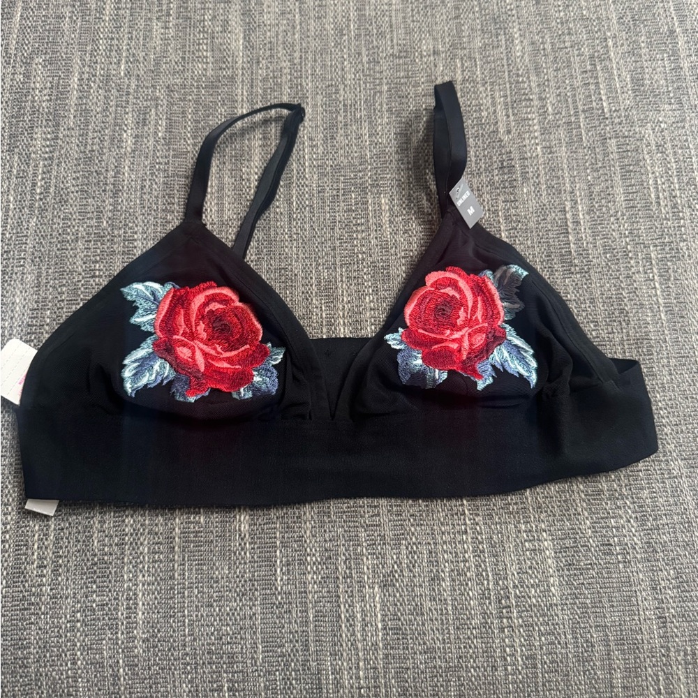 PINK Victoria's Secret Black Bra with Red Rose Embroidery